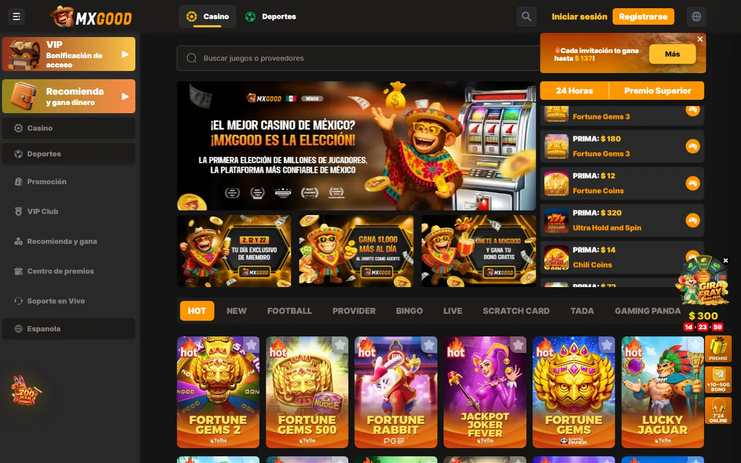 Interfaz de MxGood con acceso a la cuenta y categorías
