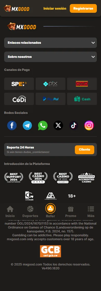 Menú móvil de información y políticas de MxGood