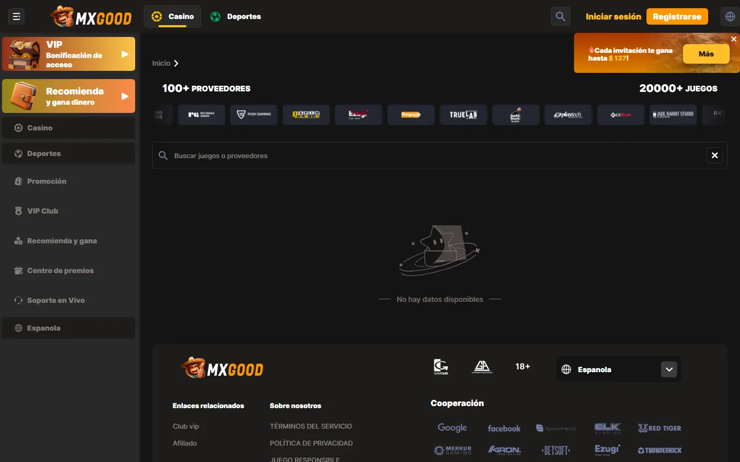 Sección de proveedores y búsqueda de juegos en MxGood