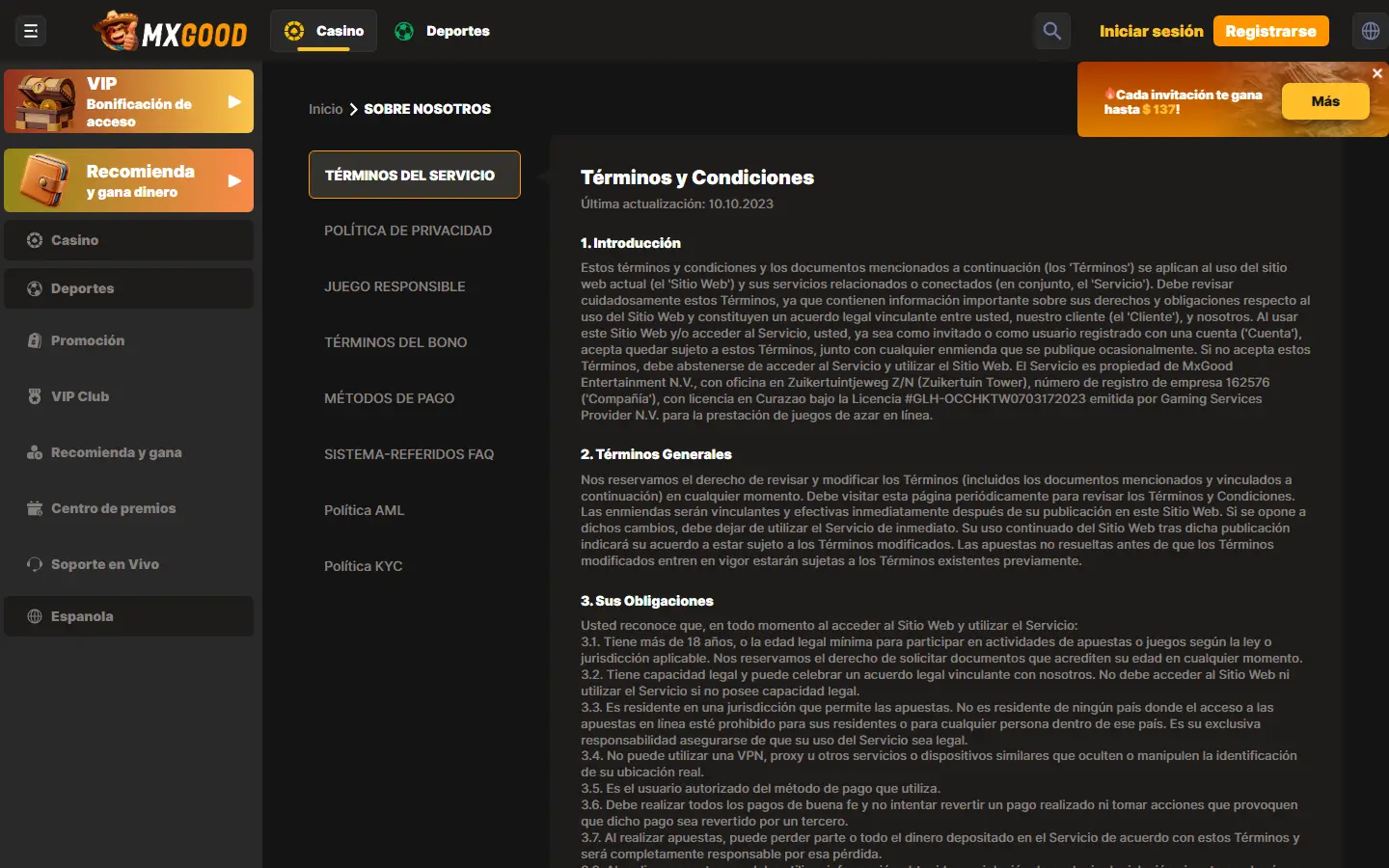 Sección de documentos y condiciones de MxGood